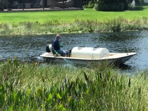 man in boat spraying aquatic weeds